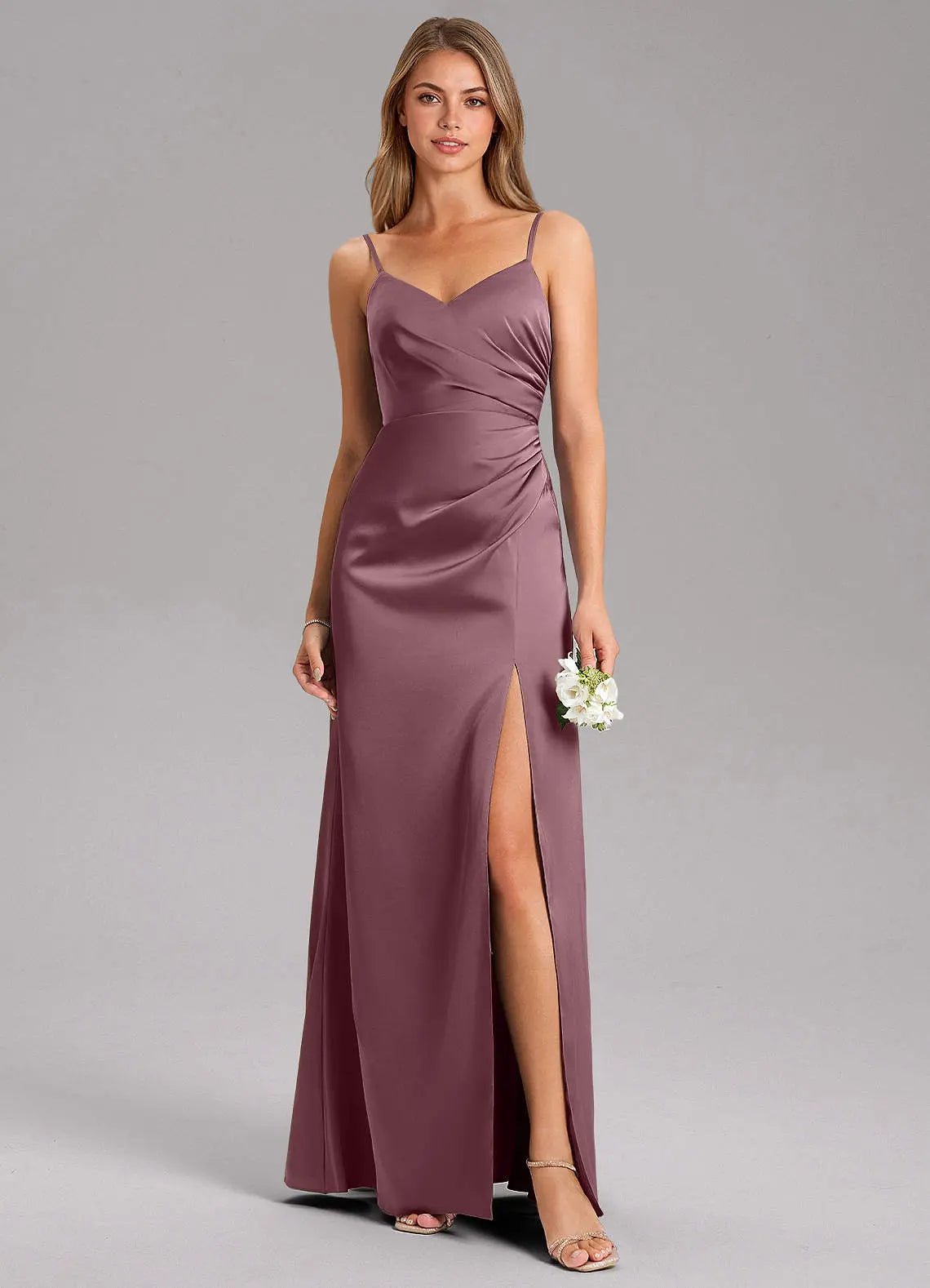 Azuree A-Line V-Neck Stretch Satin Bridesmaid Dress in Desert Rose