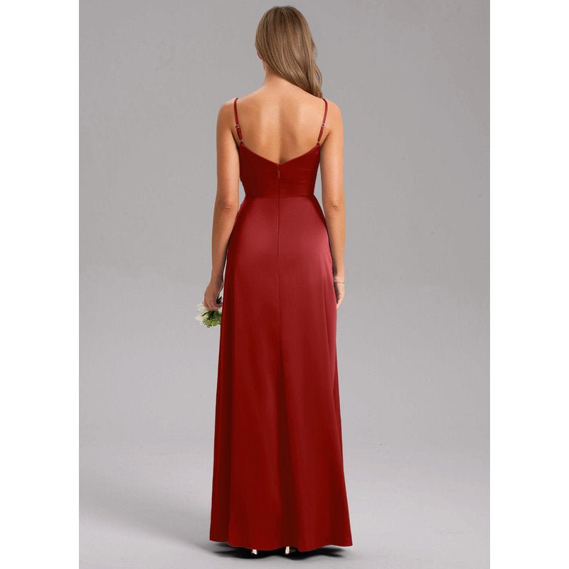 Waverly A-Line V-Neck Stretch Satin Bridesmaid Dress in Pomegranate - gallery 1
