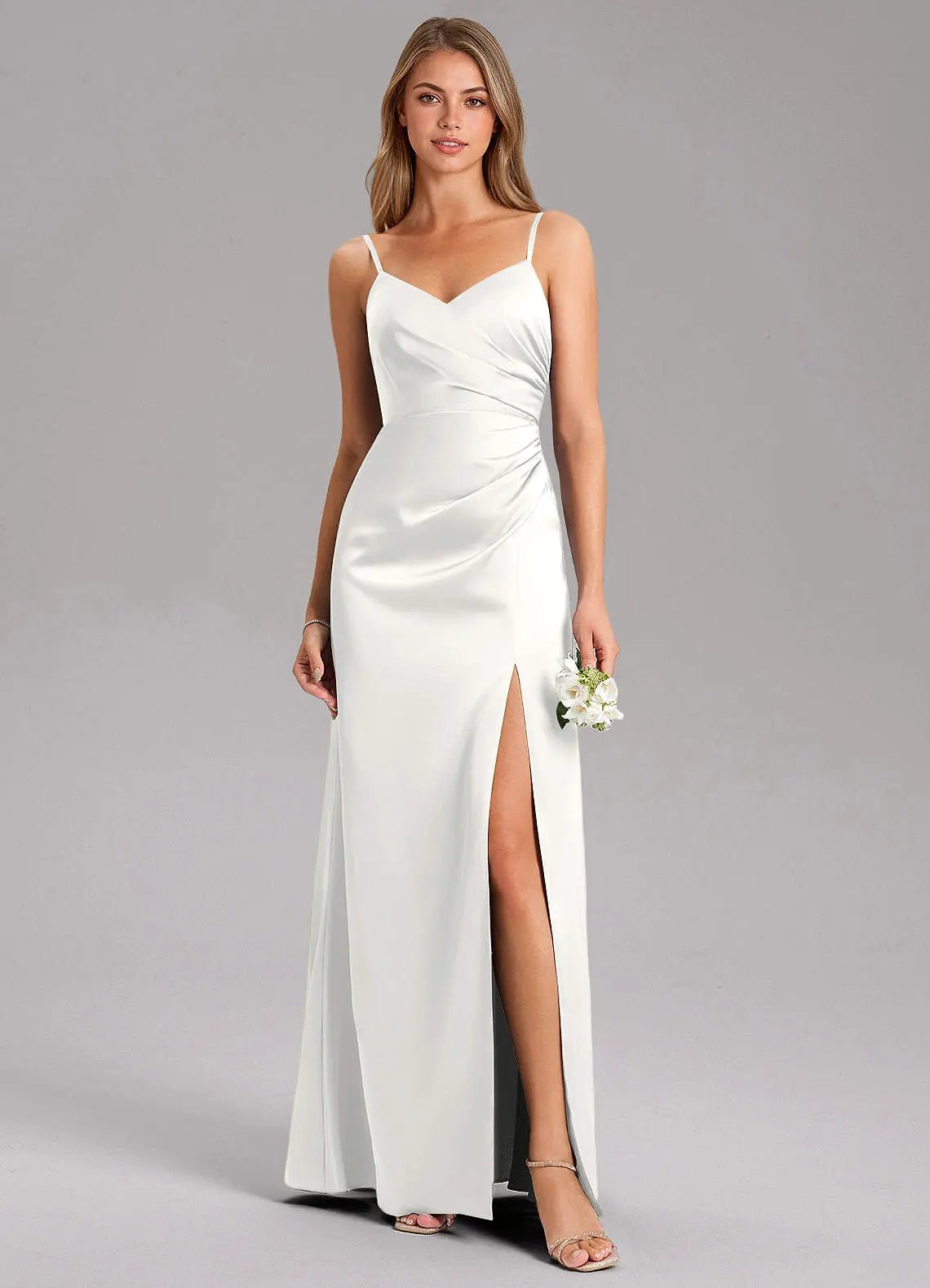 Azuree A-Line V-Neck Stretch Satin Bridesmaid Dress in white