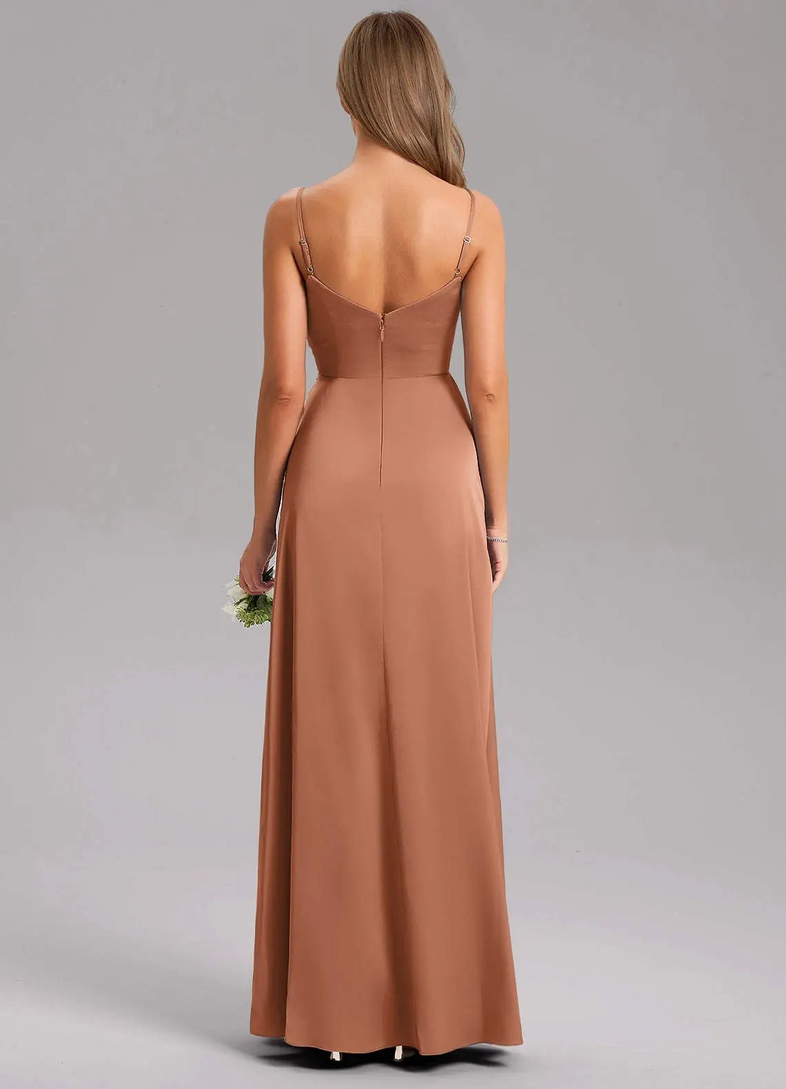 Azuree A-Line V-Neck Stretch Satin Bridesmaid Dress in Bronzer