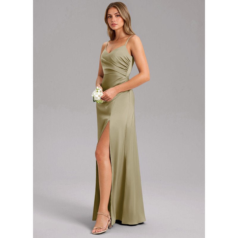 Waverly A-Line V-Neck Stretch Satin Bridesmaid Dress in Moss Green - gallery 3