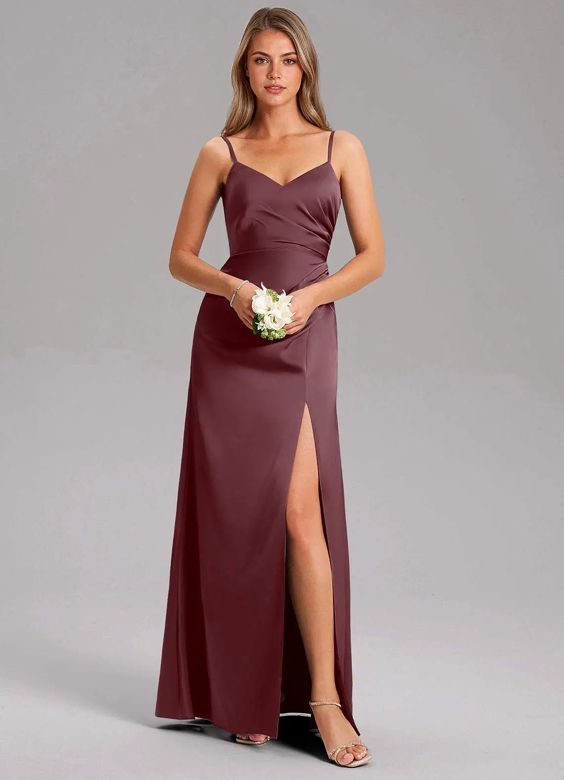 Azuree A-Line V-Neck Stretch Satin Bridesmaid Dress in Grape