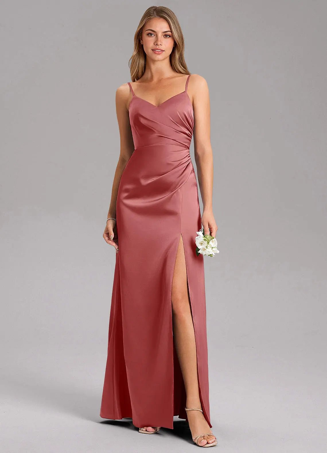 Azuree A-Line V-Neck Stretch Satin Bridesmaid Dress in Antique Rose