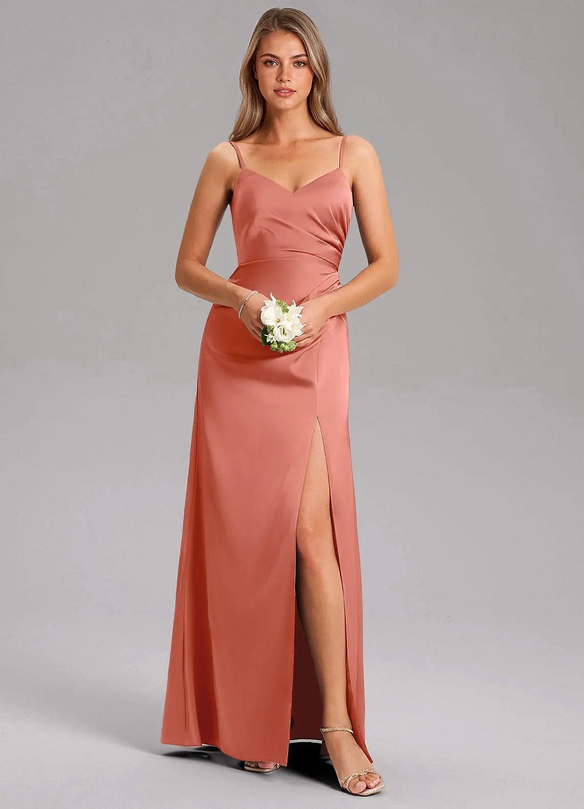Azuree A-Line V-Neck Stretch Satin Bridesmaid Dress in Salmon Pink