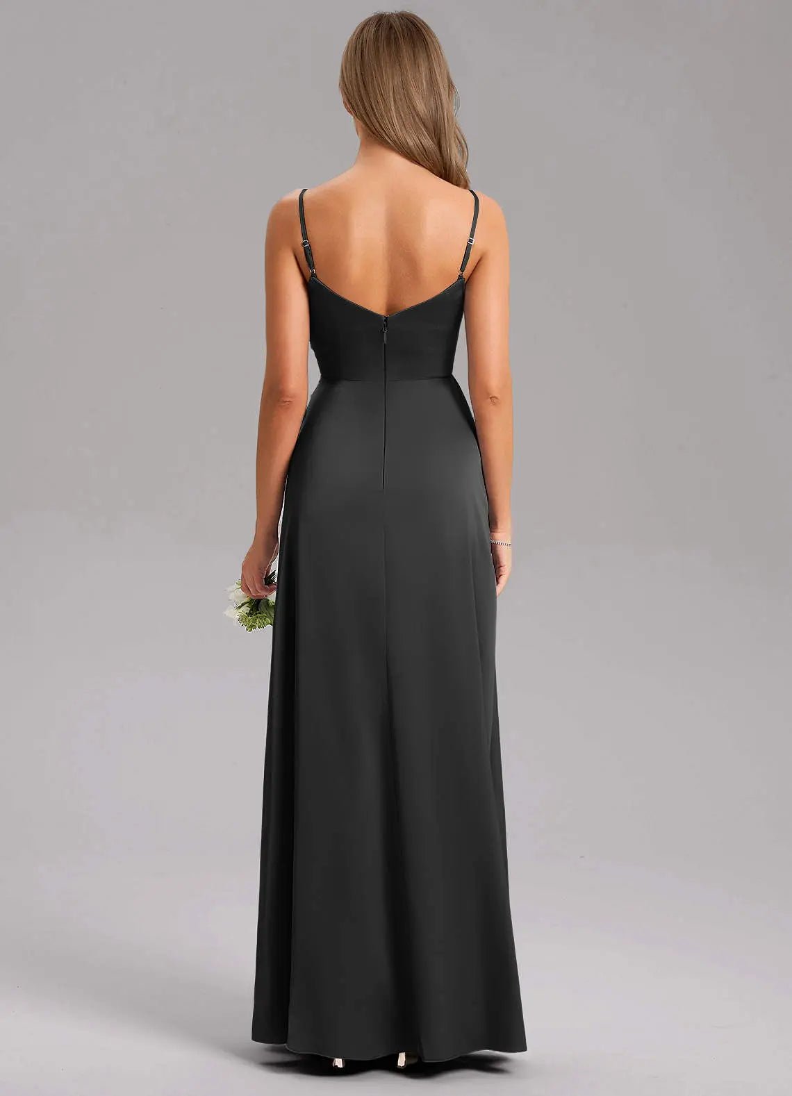 Azuree A-Line V-Neck Stretch Satin Bridesmaid Dress in black