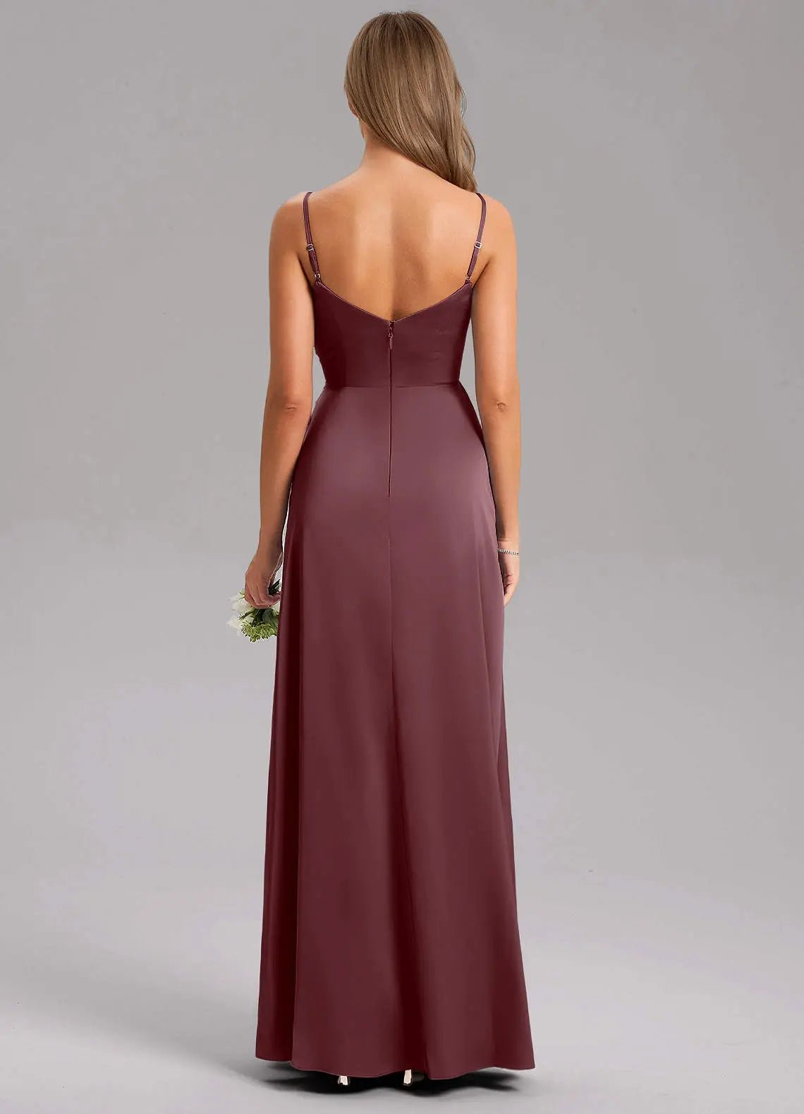 Azuree A-Line V-Neck Stretch Satin Bridesmaid Dress in Grape