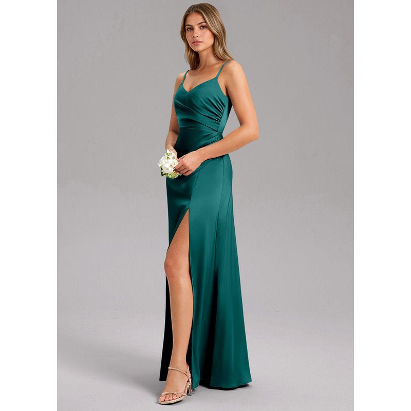 Waverly A-Line V-Neck Stretch Satin Bridesmaid Dress in Peacock - gallery 3