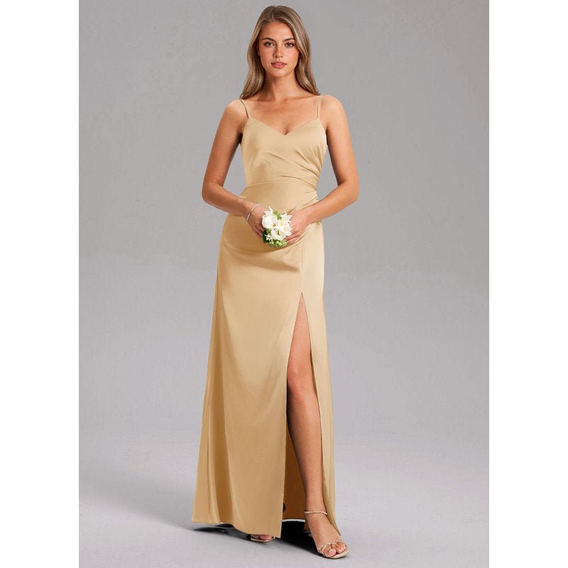 Waverly A-Line V-Neck Stretch Satin Bridesmaid Dress in Gold - gallery 2