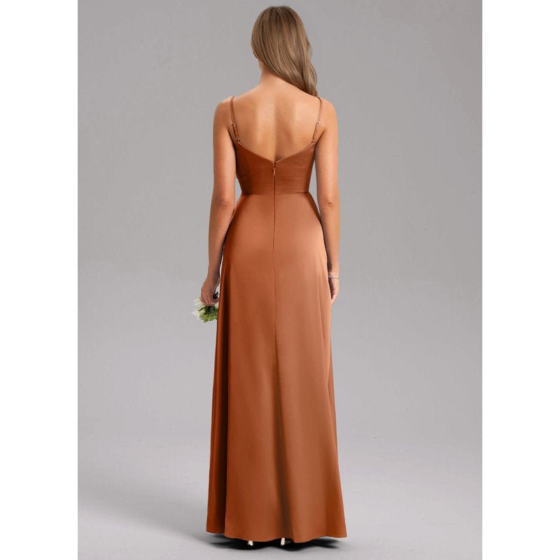 Waverly A-Line V-Neck Stretch Satin Bridesmaid Dress in Copper - gallery 1