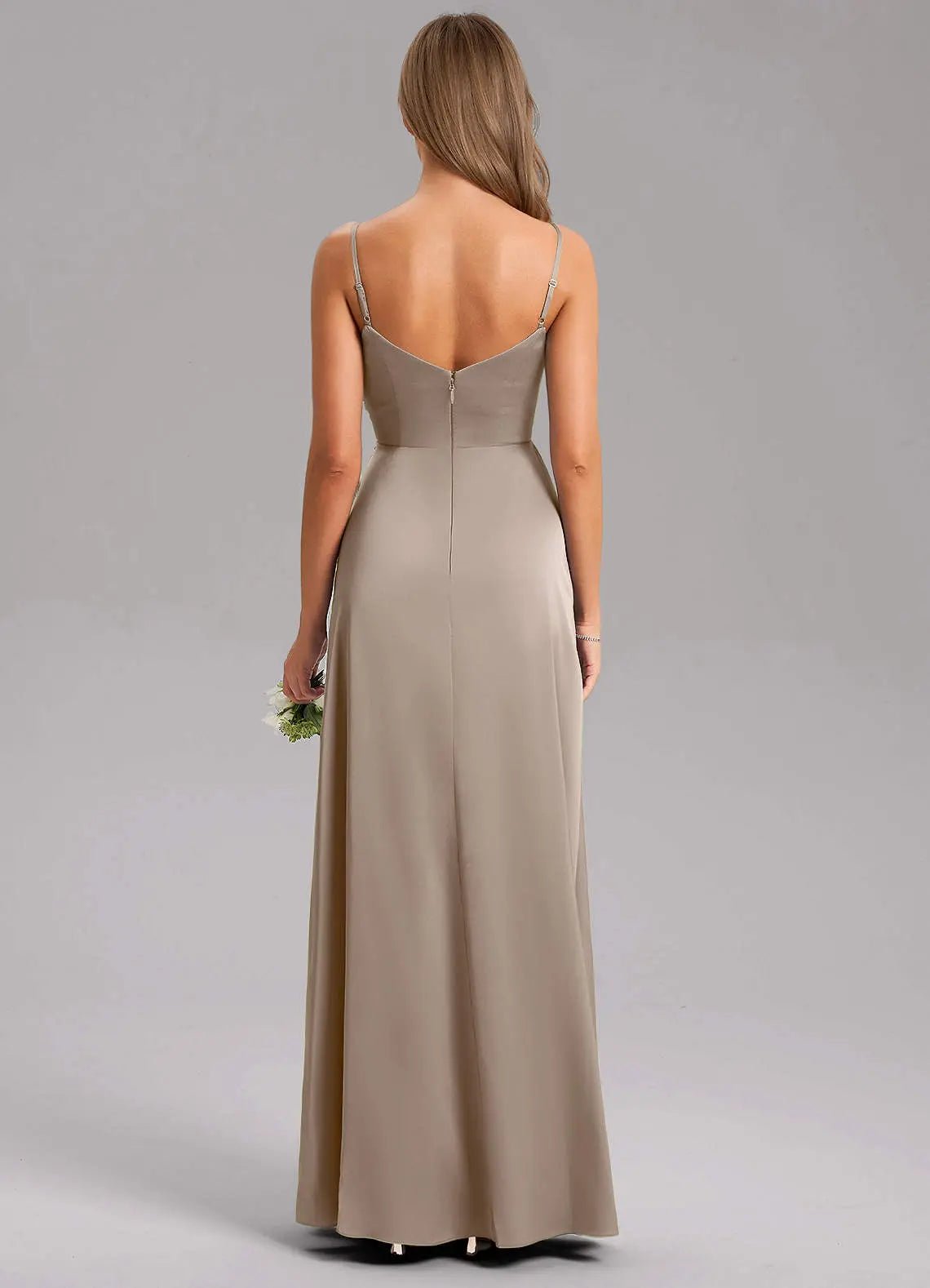 Azuree A-Line V-Neck Stretch Satin Bridesmaid Dress in Taupe
