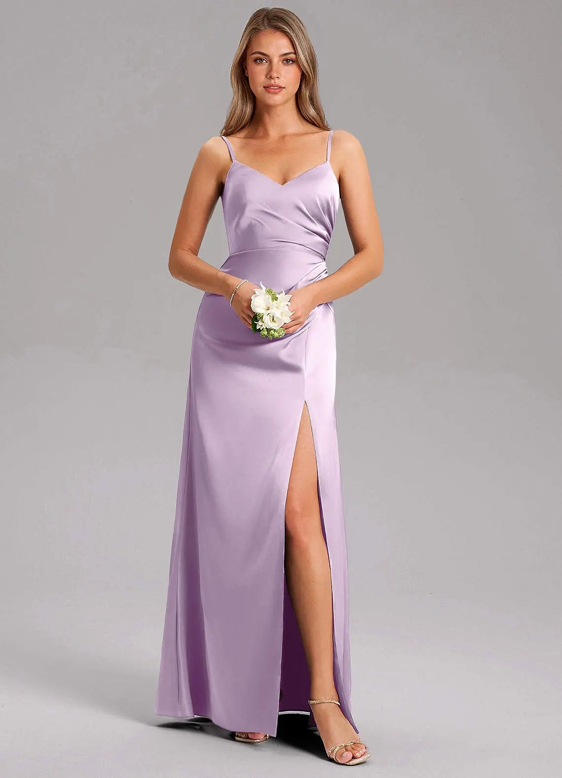 Azuree A-Line V-Neck Stretch Satin Bridesmaid Dress in Frosted Lilac