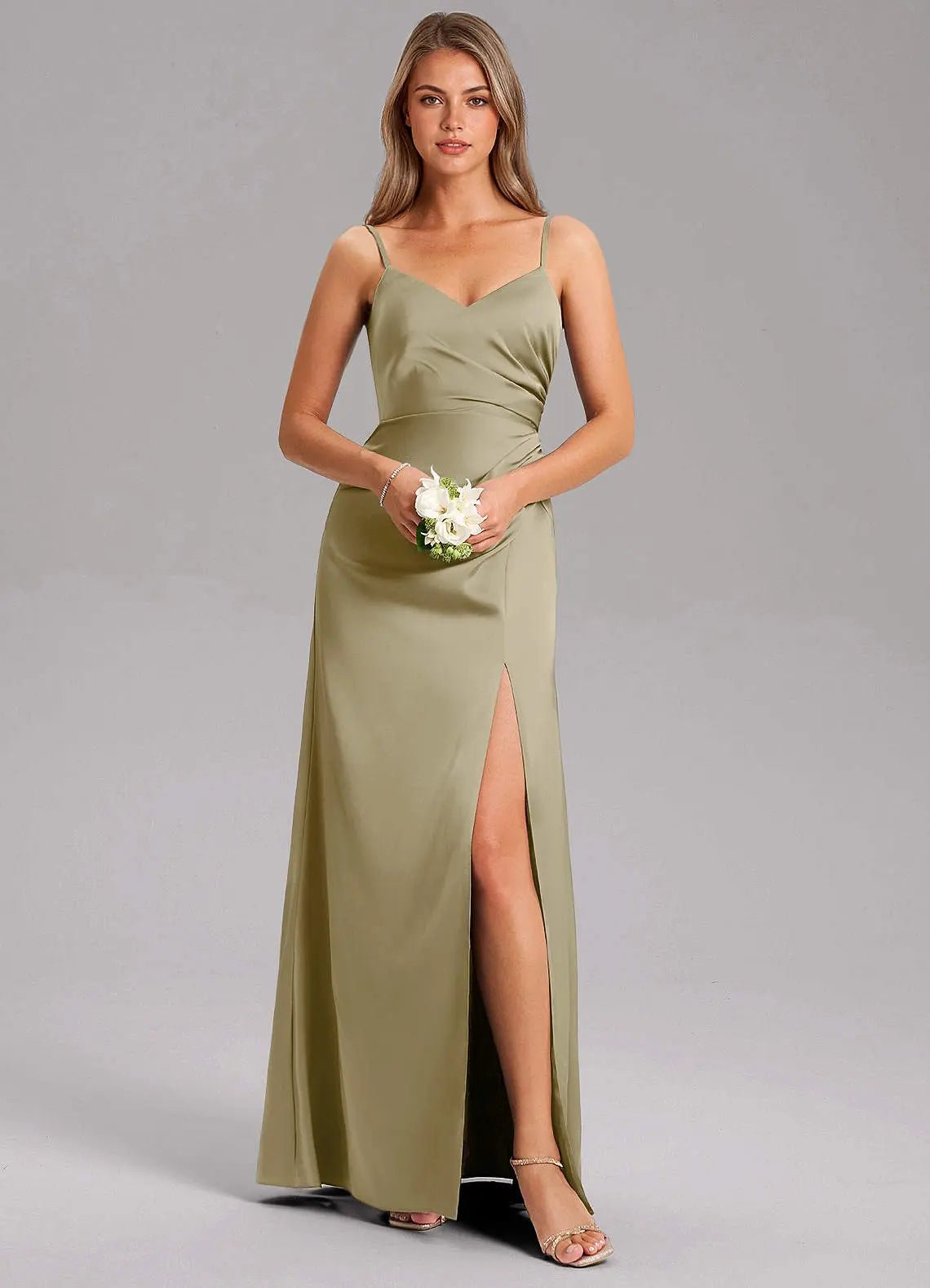 Azuree A-Line V-Neck Stretch Satin Bridesmaid Dress in Agave