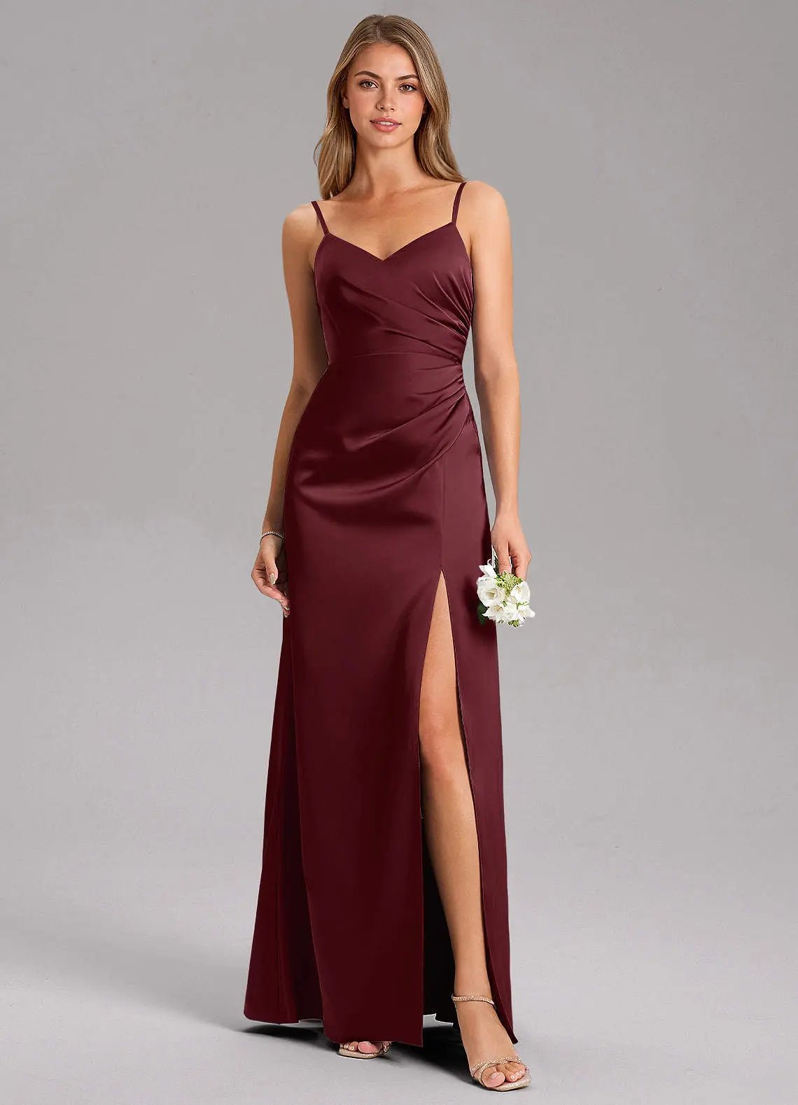 Azuree A-Line V-Neck Stretch Satin Bridesmaid Dress in Cabernet