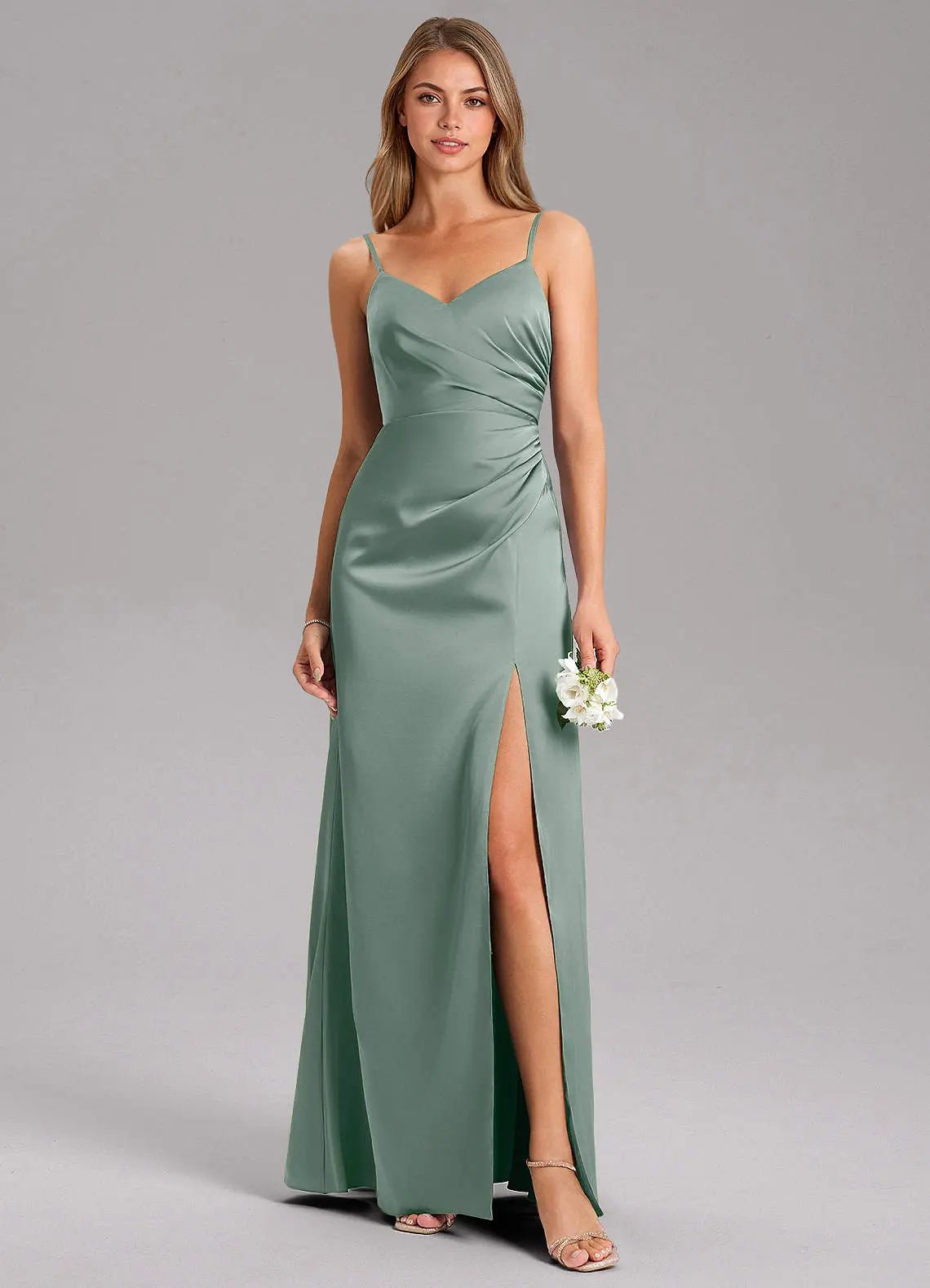 Azuree A-Line V-Neck Stretch Satin Bridesmaid Dress in Matcha