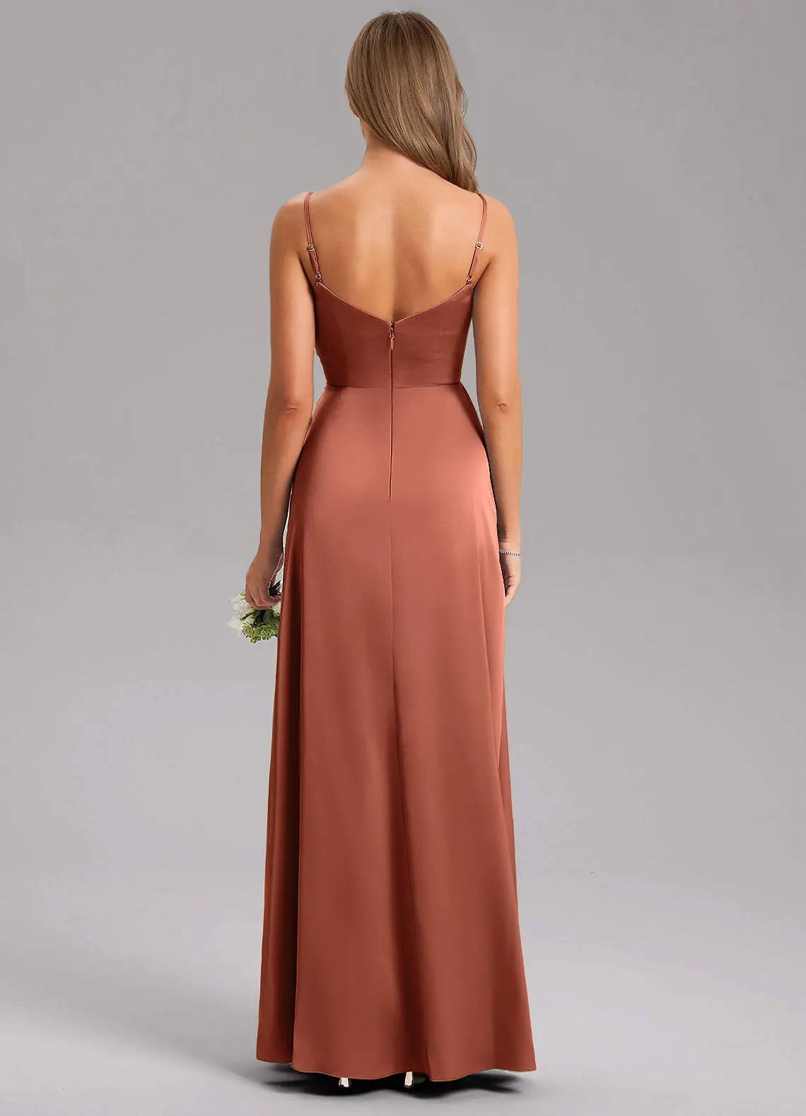 Azuree A-Line V-Neck Stretch Satin Bridesmaid Dress in Clay
