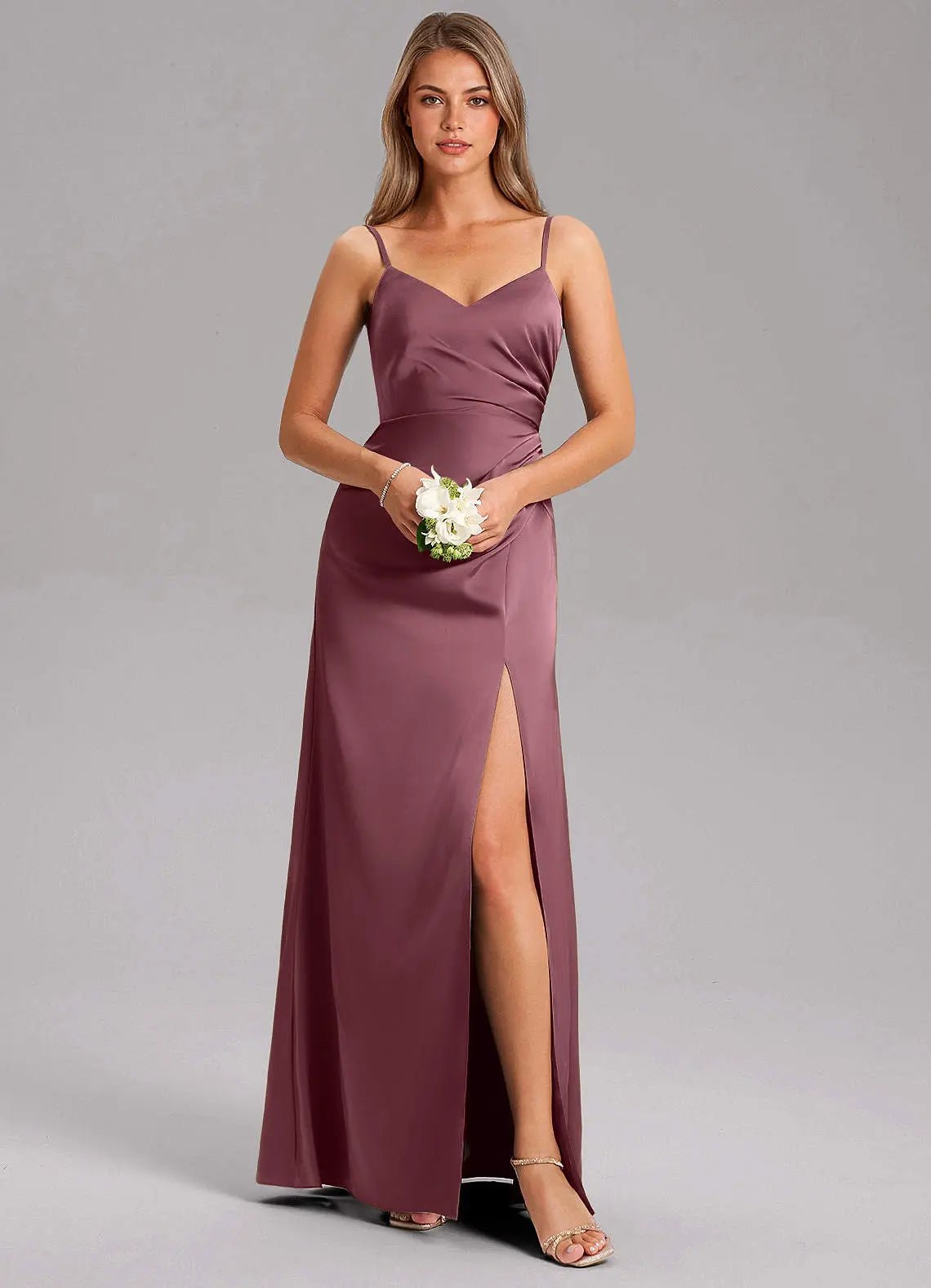 Azuree A-Line V-Neck Stretch Satin Bridesmaid Dress in Sangria
