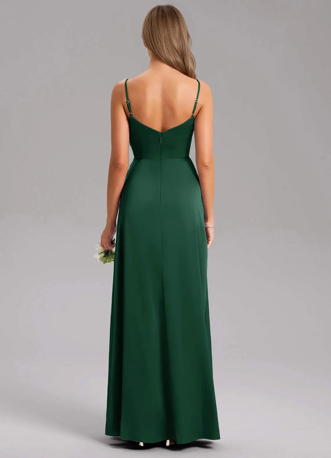 Azuree A-Line V-Neck Stretch Satin Bridesmaid Dress in Dark Green