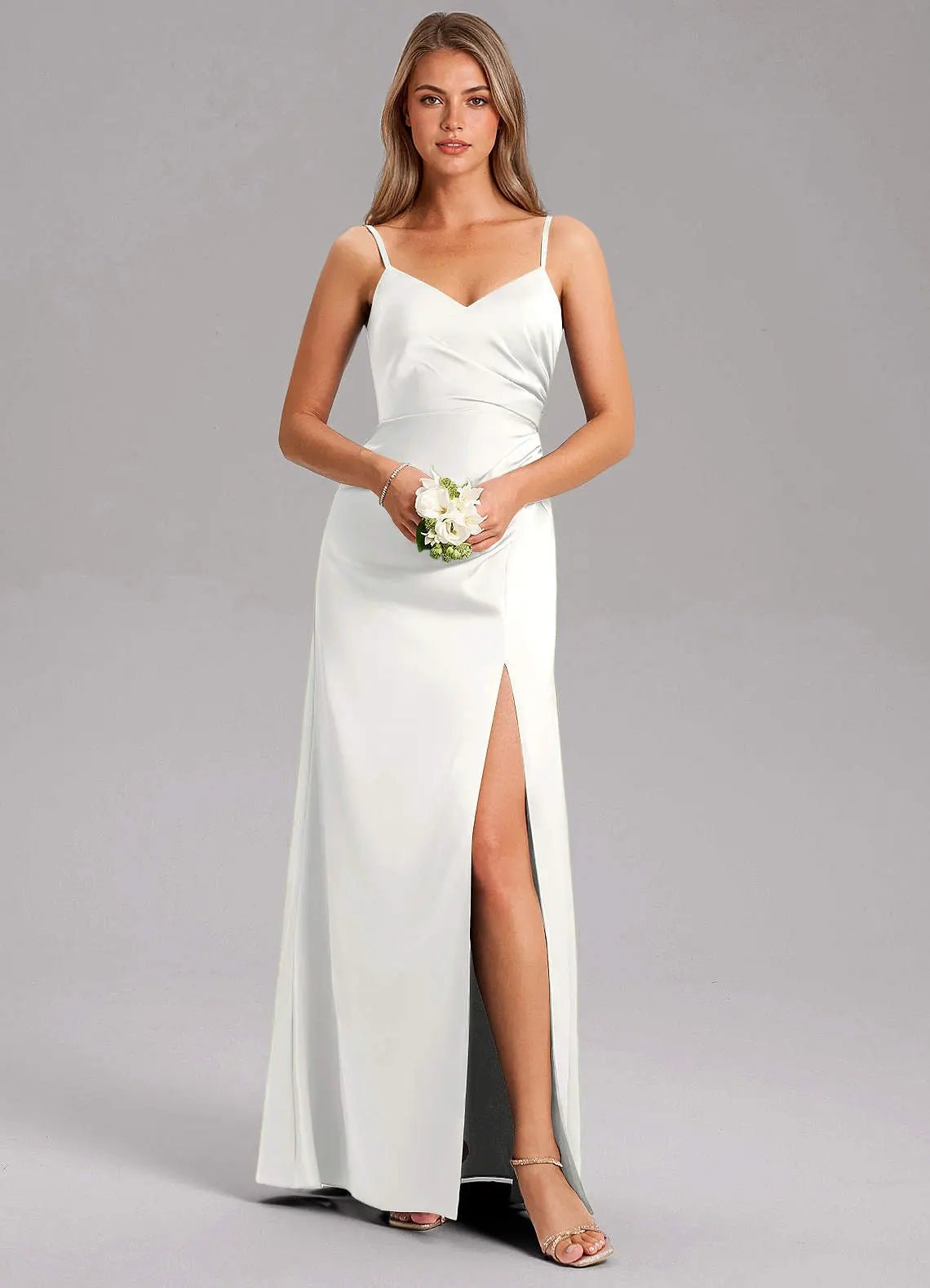 Azuree A-Line V-Neck Stretch Satin Bridesmaid Dress in white
