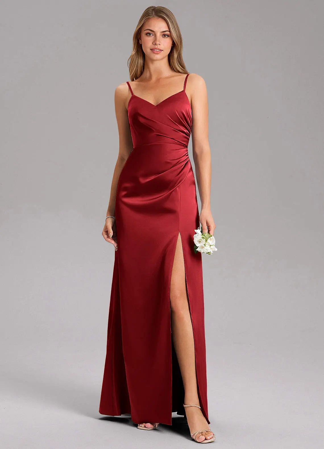 Azuree A-Line V-Neck Stretch Satin Bridesmaid Dress in Scarlet