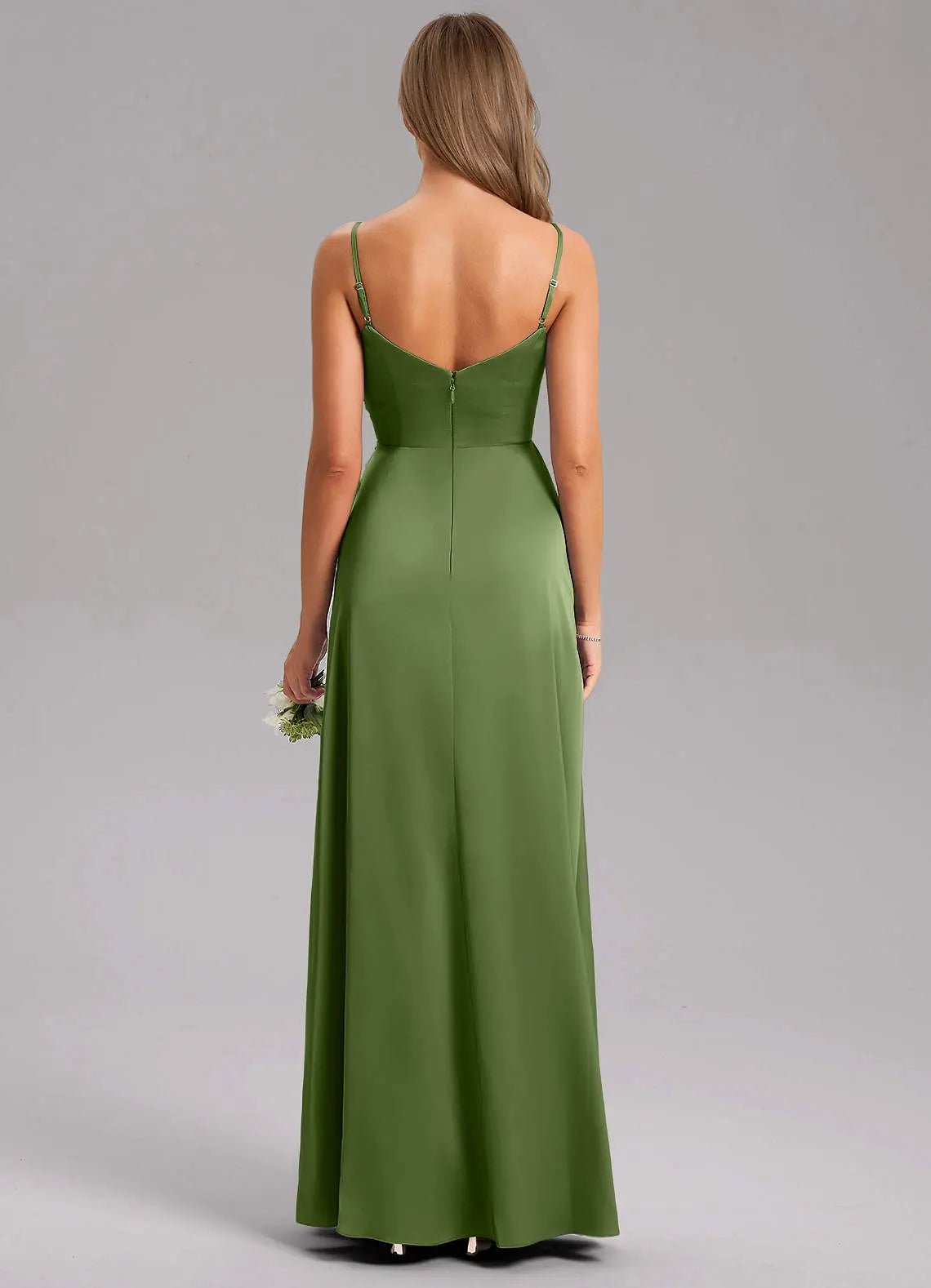 Azuree A-Line V-Neck Stretch Satin Bridesmaid Dress in Juniper