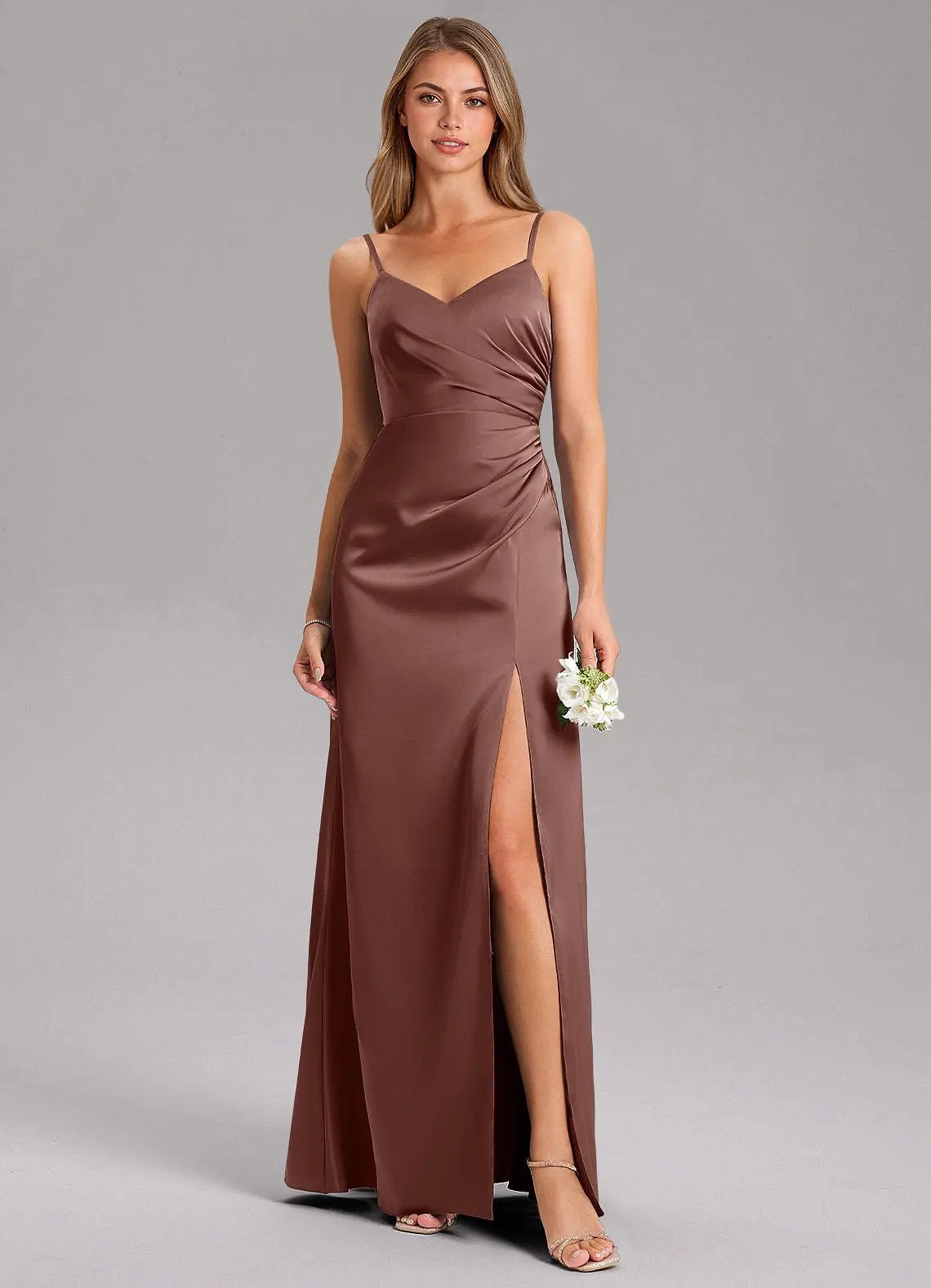Azuree A-Line V-Neck Stretch Satin Bridesmaid Dress in Espresso
