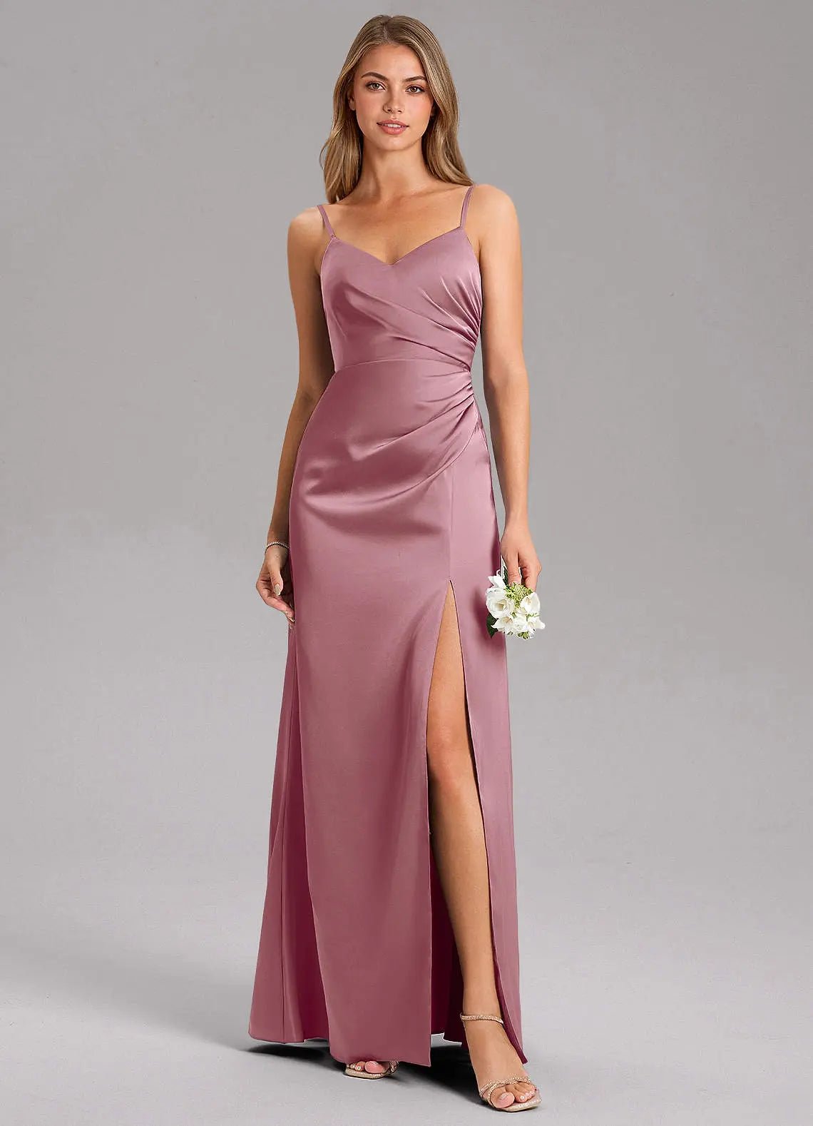 Azuree A-Line V-Neck Stretch Satin Bridesmaid Dress in Amethyst