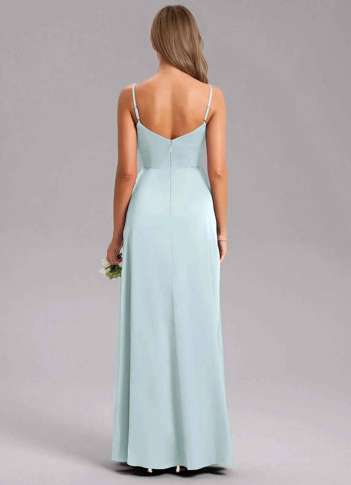 Azuree A-Line V-Neck Stretch Satin Bridesmaid Dress in Sea Glass