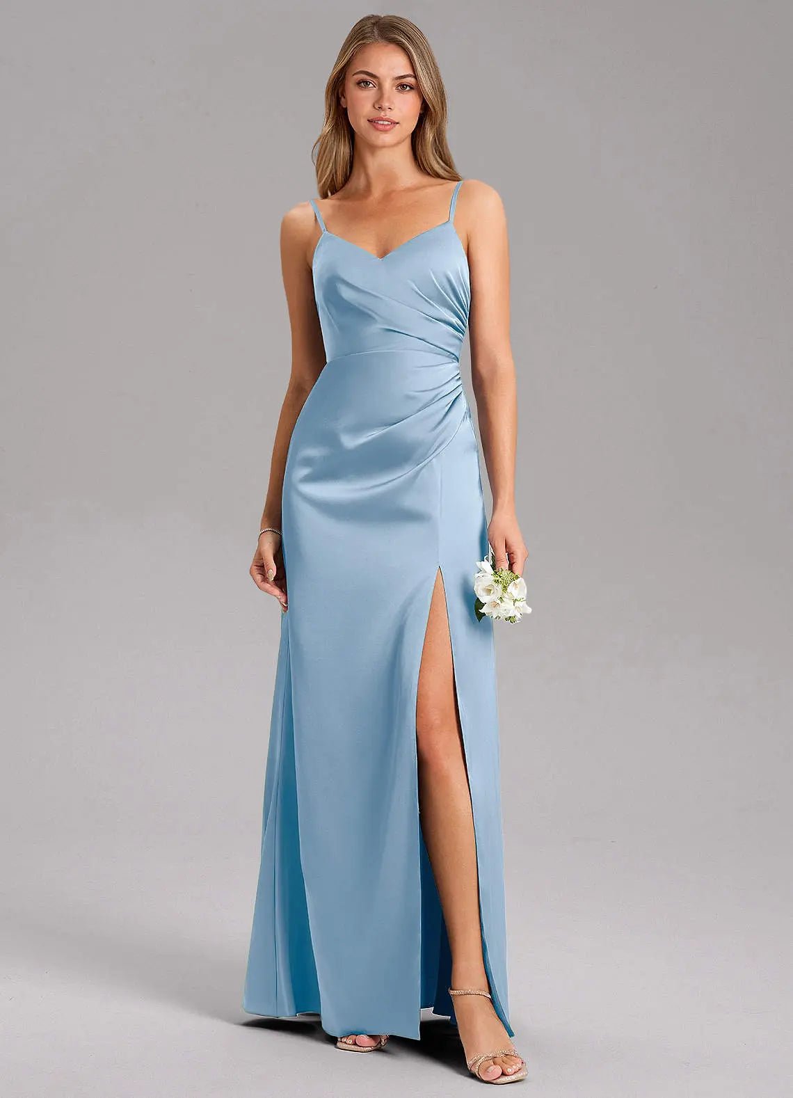 Azuree A-Line V-Neck Stretch Satin Bridesmaid Dress in Powder Blue