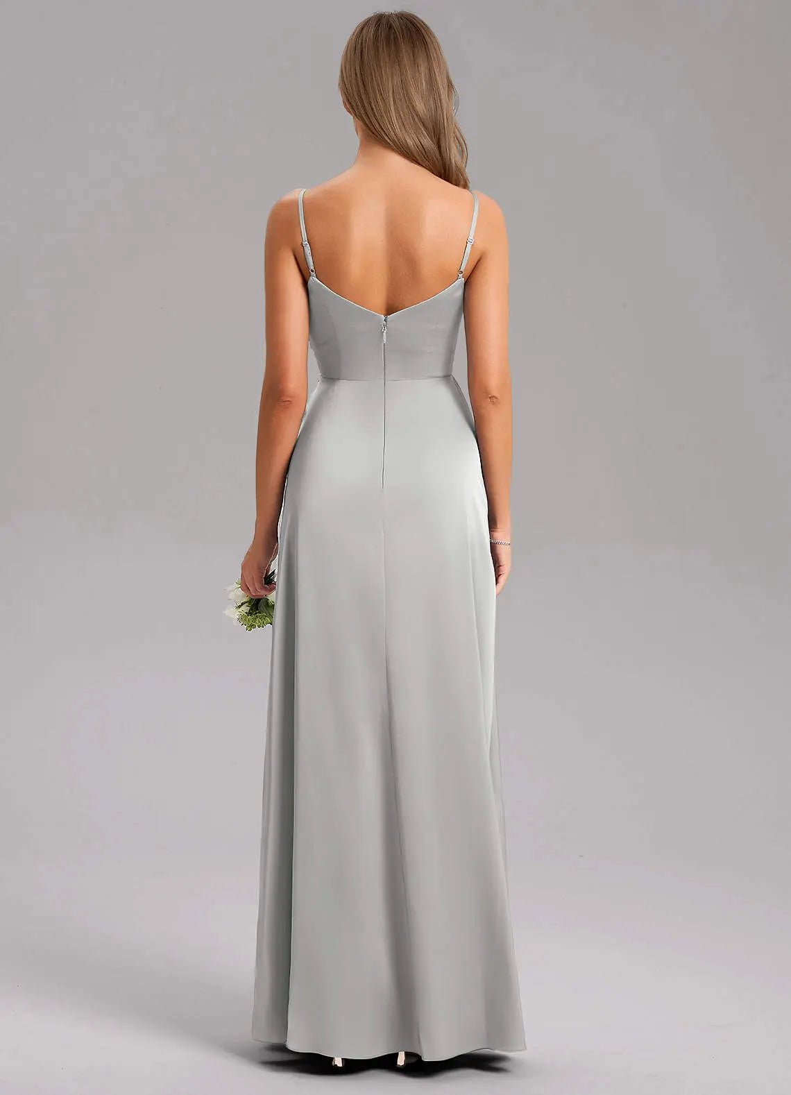 Azuree A-Line V-Neck Stretch Satin Bridesmaid Dress in Silver