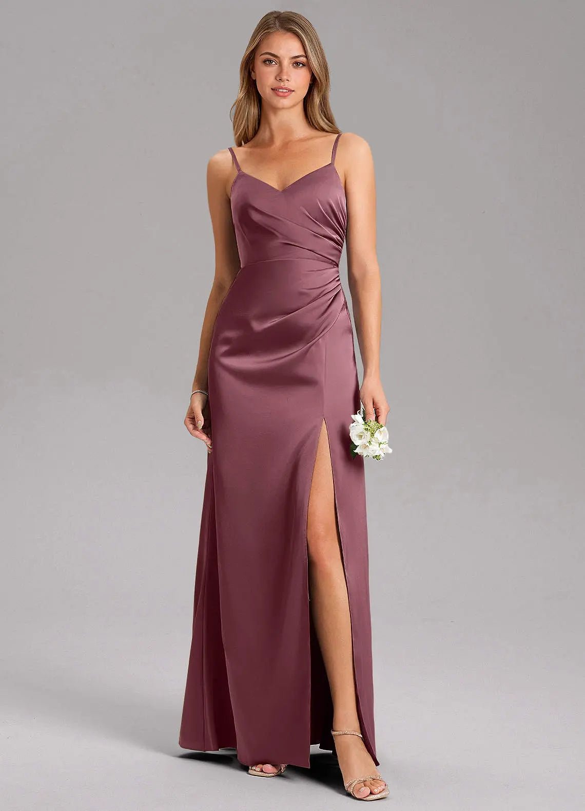 Azuree A-Line V-Neck Stretch Satin Bridesmaid Dress in Sangria