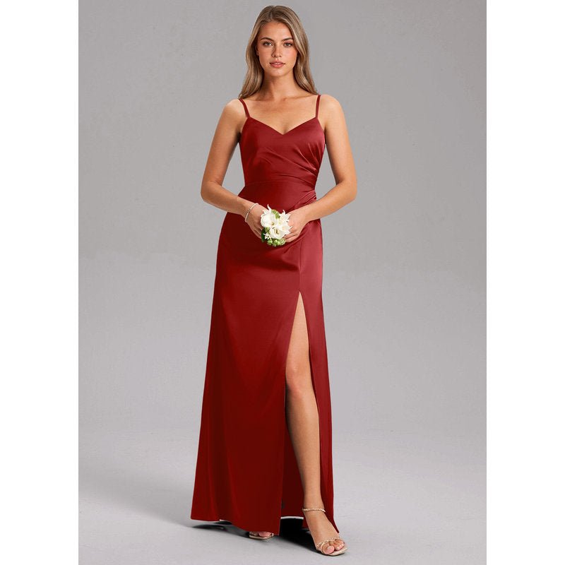 Waverly A-Line V-Neck Stretch Satin Bridesmaid Dress in Pomegranate - gallery 2