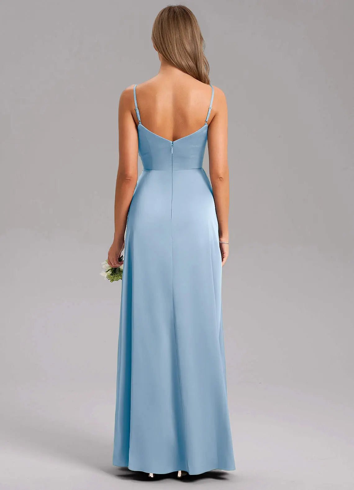Azuree A-Line V-Neck Stretch Satin Bridesmaid Dress in Powder Blue