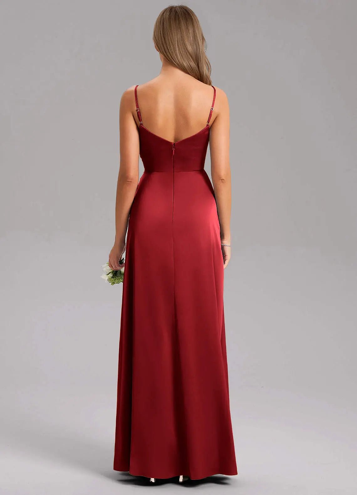 Azuree A-Line V-Neck Stretch Satin Bridesmaid Dress in Scarlet