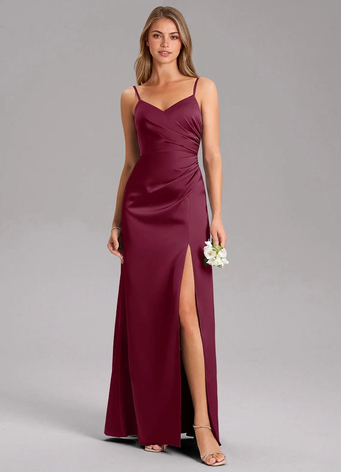 Azuree A-Line V-Neck Stretch Satin Bridesmaid Dress in Mulberry