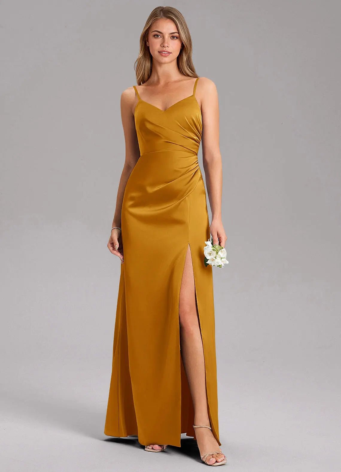 Azuree A-Line V-Neck Stretch Satin Bridesmaid Dress in butterscotch
