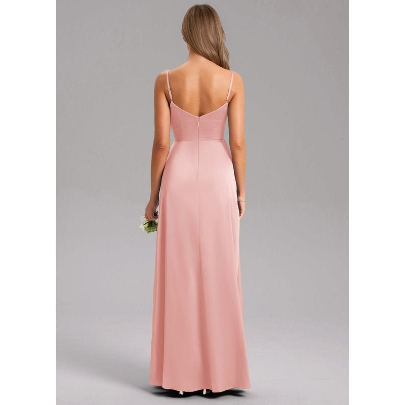 Waverly A-Line V-Neck Stretch Satin Bridesmaid Dress in Powder Pink - gallery 1