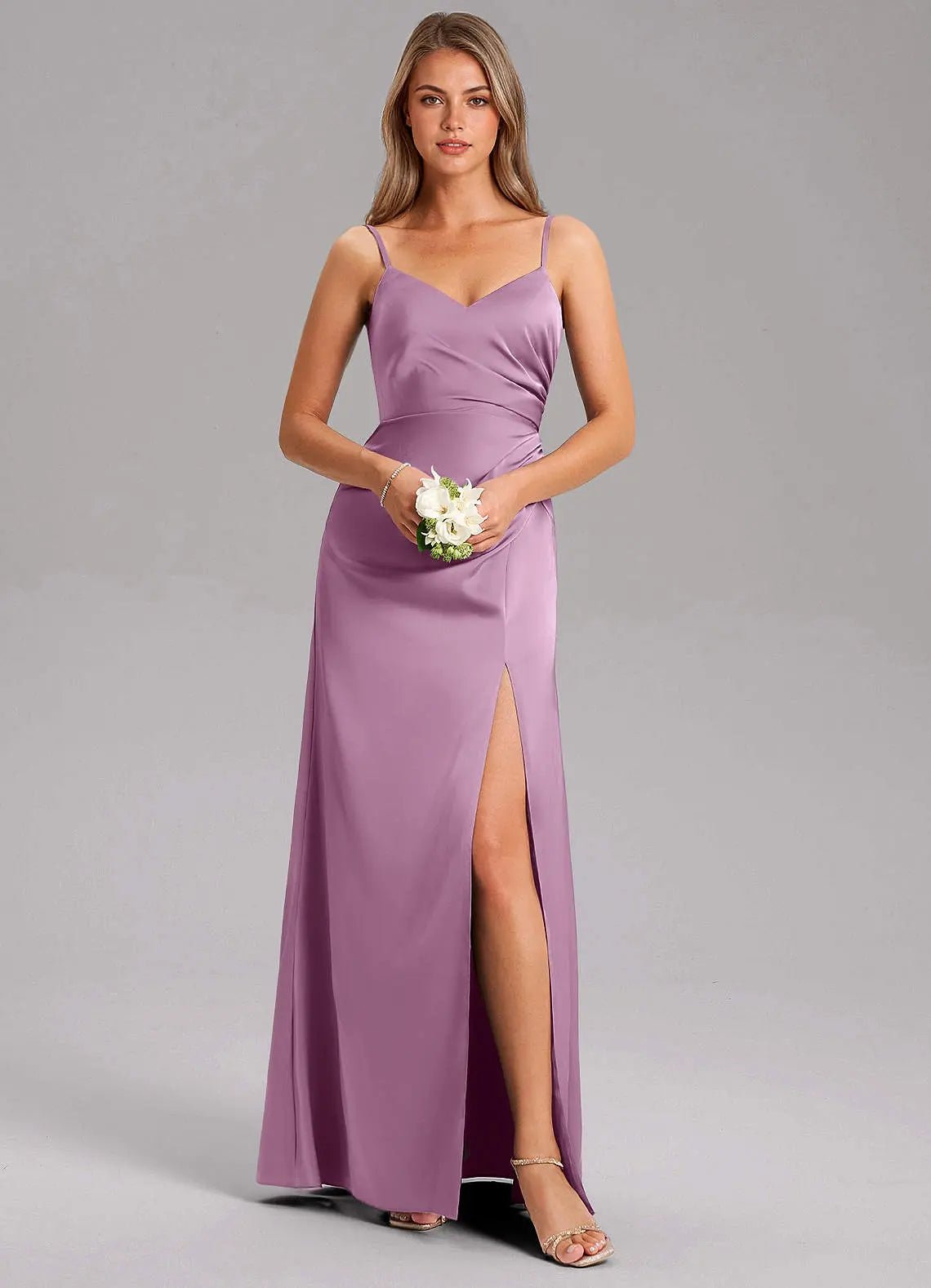 Azuree A-Line V-Neck Stretch Satin Bridesmaid Dress in Wisteria