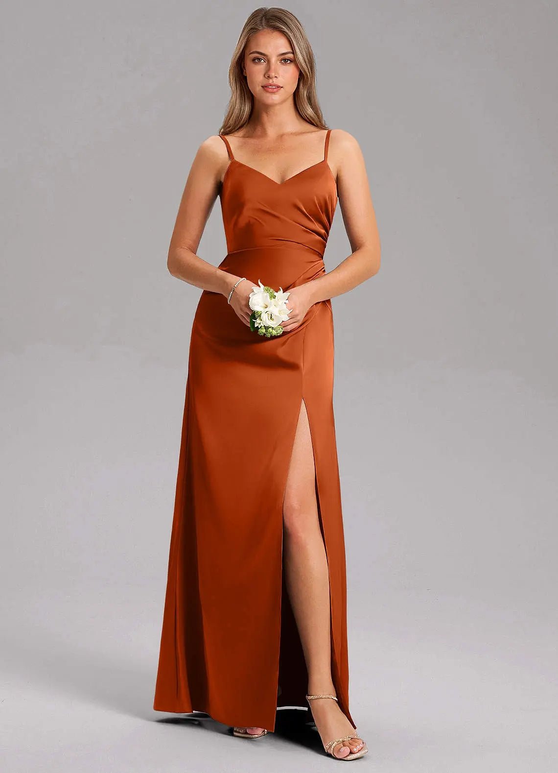 Azuree A-Line V-Neck Stretch Satin Bridesmaid Dress in Burnt Orange