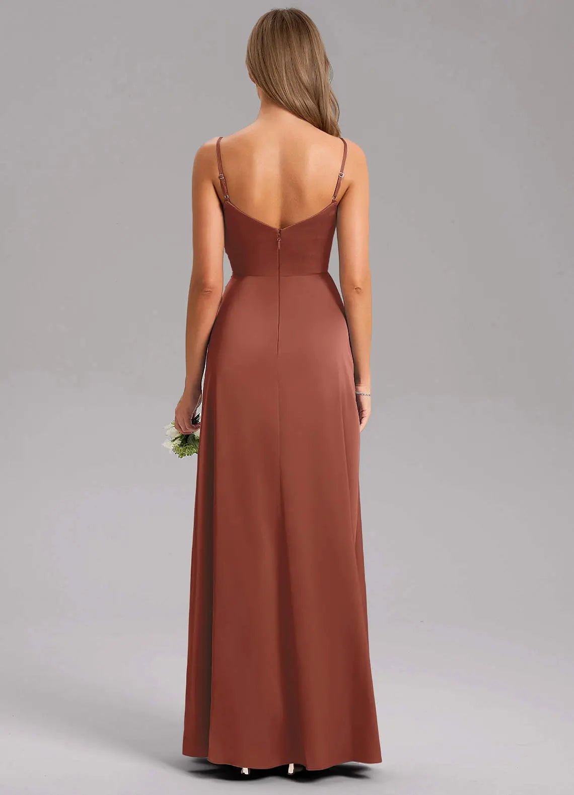 Azuree A-Line V-Neck Stretch Satin Bridesmaid Dress in Auburn