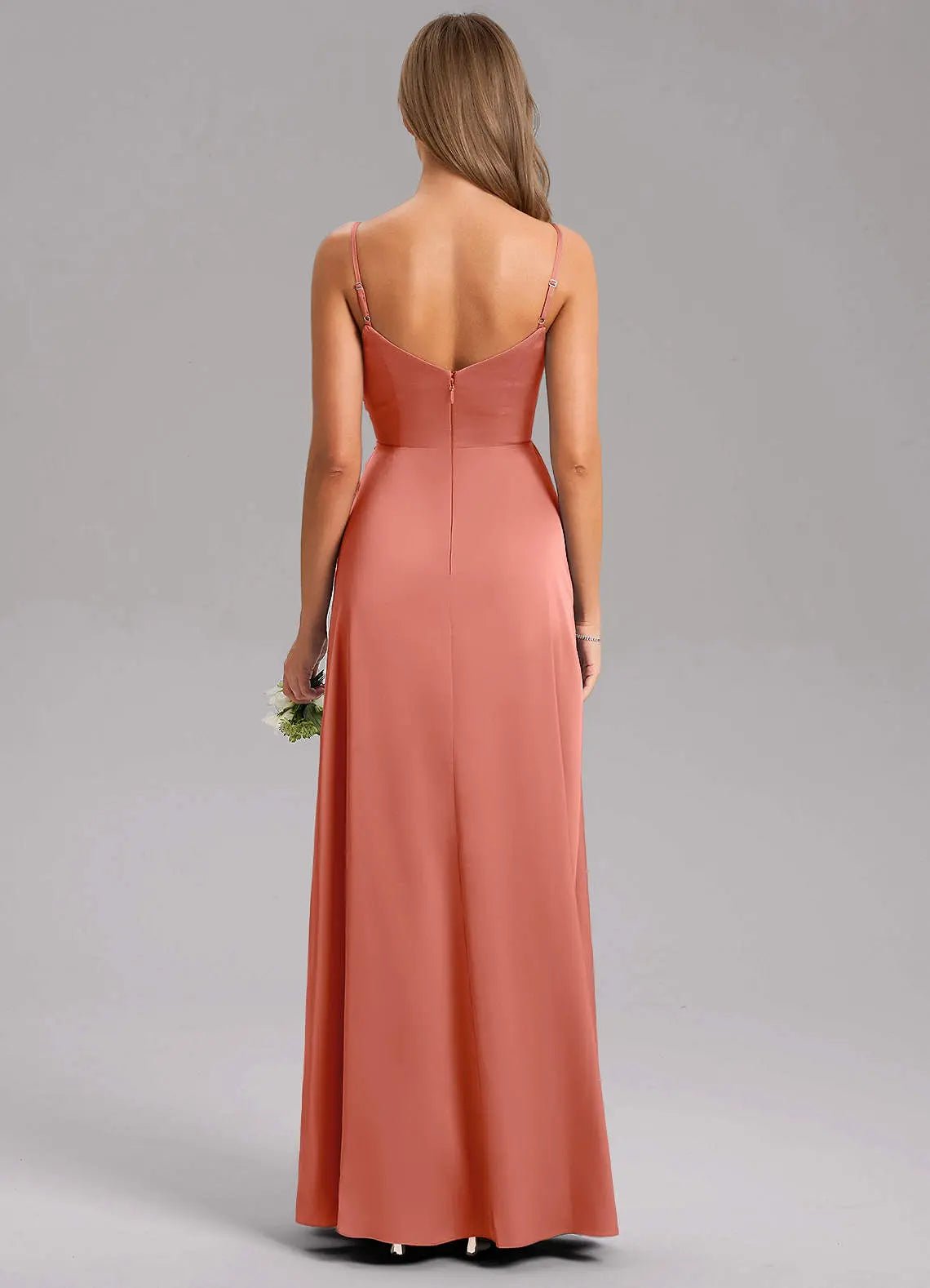 Azuree A-Line V-Neck Stretch Satin Bridesmaid Dress in Salmon Pink