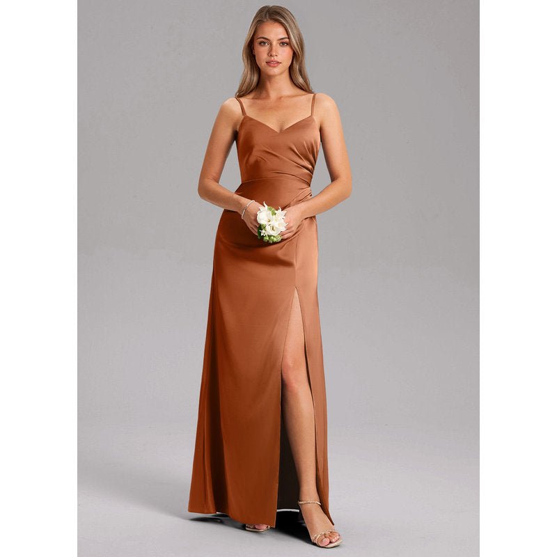 Waverly A-Line V-Neck Stretch Satin Bridesmaid Dress in Copper - gallery 2