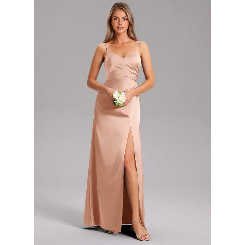 Waverly A-Line V-Neck Stretch Satin Bridesmaid Dress in rose gold - gallery 2