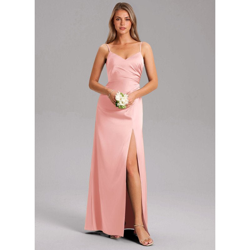 Waverly A-Line V-Neck Stretch Satin Bridesmaid Dress in Powder Pink - gallery 2