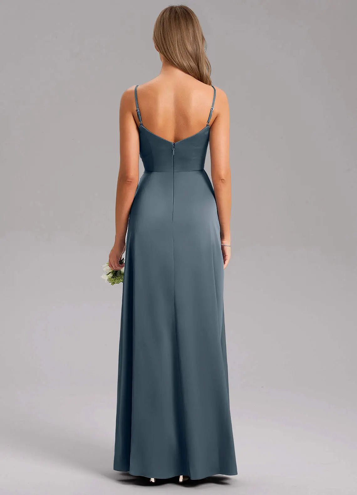 Azuree A-Line V-Neck Stretch Satin Bridesmaid Dress in Twilight