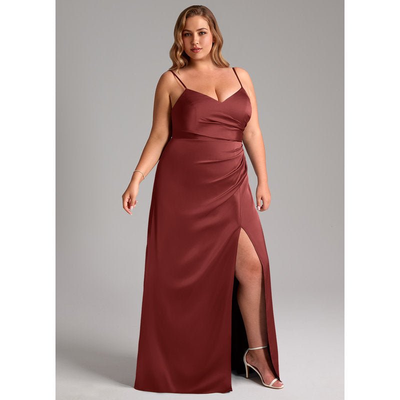 Waverly A-Line V-Neck Stretch Satin Bridesmaid Dress in Terracotta - gallery 3