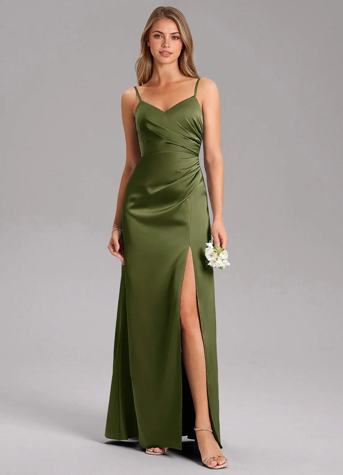 Azuree A-Line V-Neck Stretch Satin Bridesmaid Dress in Olive