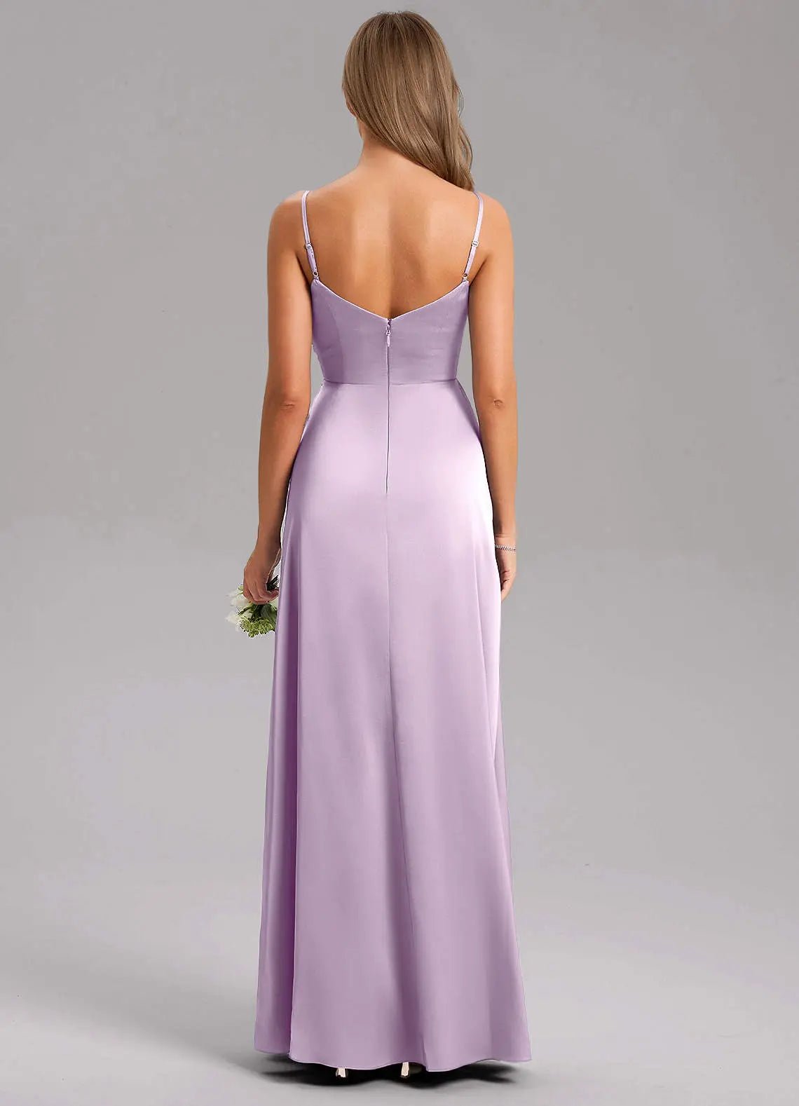 Azuree A-Line V-Neck Stretch Satin Bridesmaid Dress in Frosted Lilac