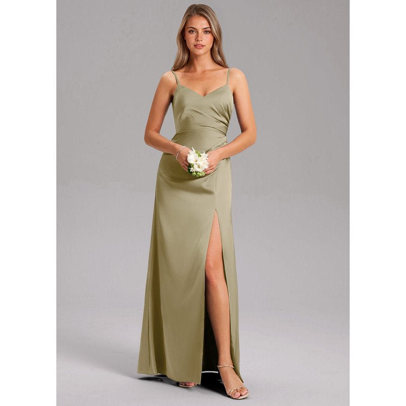 Waverly A-Line V-Neck Stretch Satin Bridesmaid Dress in Moss Green - gallery 2