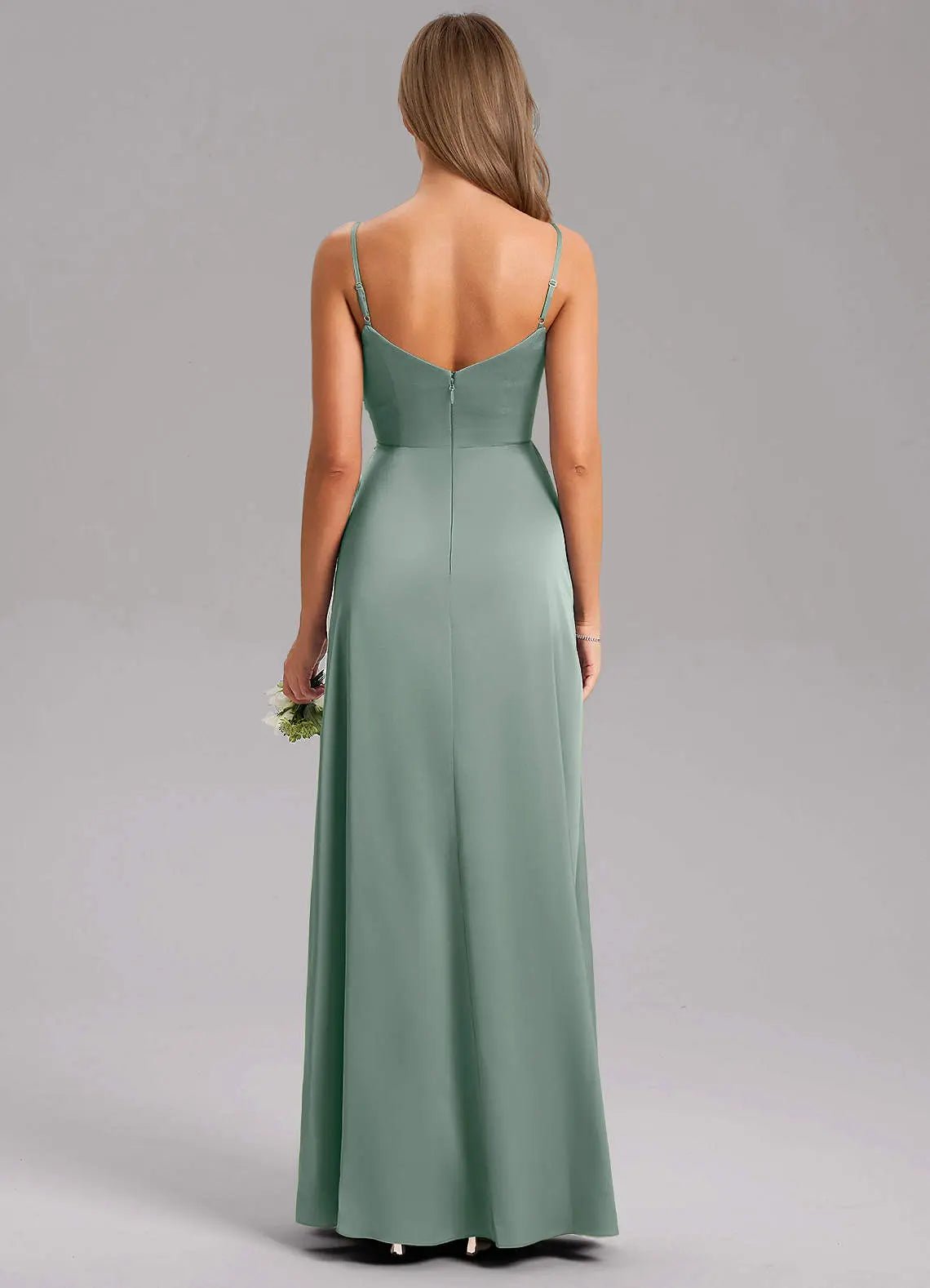 Azuree A-Line V-Neck Stretch Satin Bridesmaid Dress in Matcha