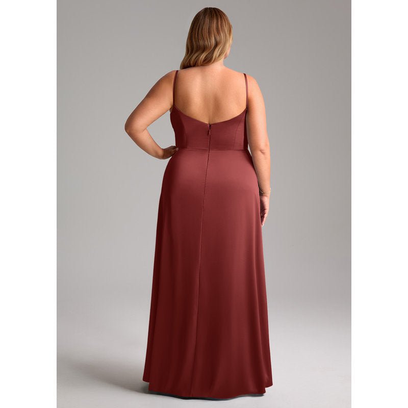 Waverly A-Line V-Neck Stretch Satin Bridesmaid Dress in Terracotta - gallery 1